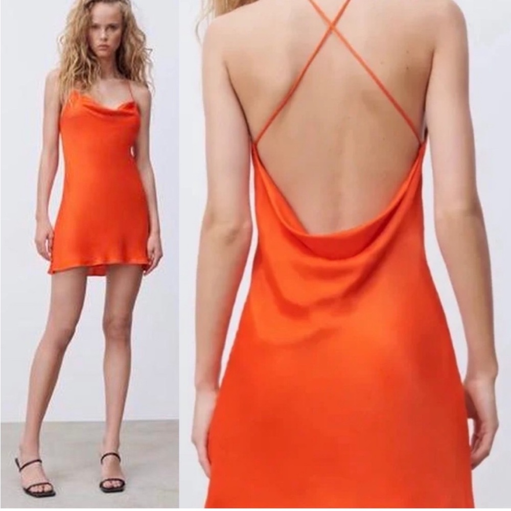Zara Orange Satin Mini Slip Dress (Criss Cross Straps)